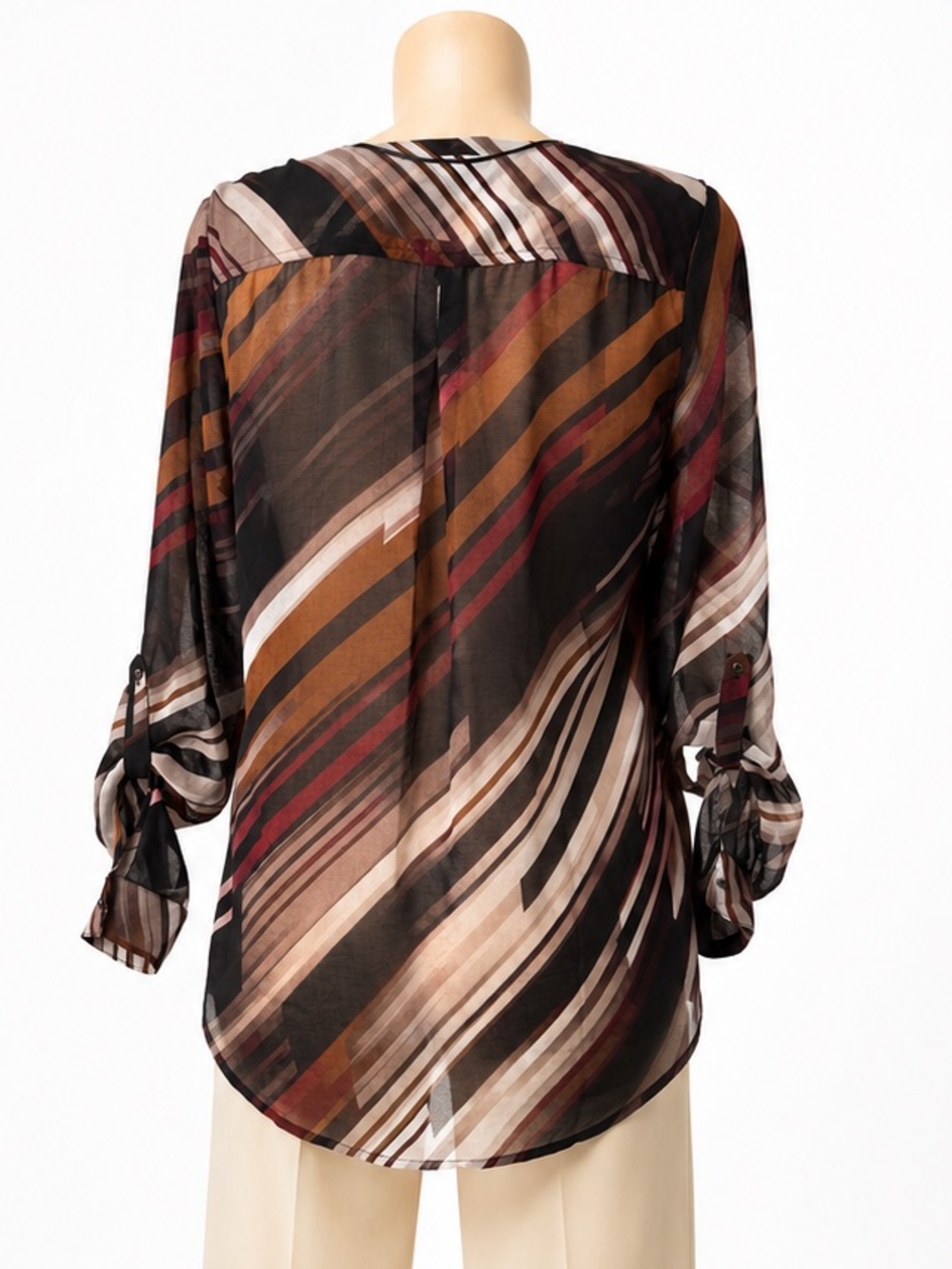 La Château Abstract Sheer Blouse Medium | Roll Tab Sleeve Career Chic Top - Picture 4 of 8